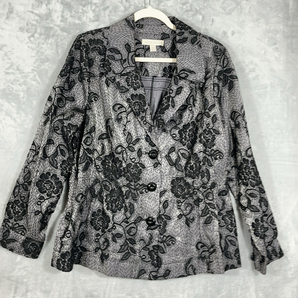 Laura Ashley Blazer 2X Floral Lace Overlay Button Black Gray Whimsigoth Office